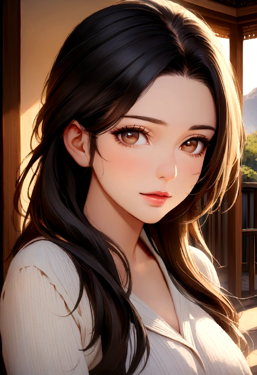 A photorealistic portrait of a hot 25-year-old Arab girl with long black hair and brown eyes. It must have an attractive and accessible expression and be illuminated by a soft golden light. The background should be a picturesque outdoor setting, perhaps a bright Deluxe room. Capture this image with a high-resolution photo using an 85mm lens for a flattering perspective.