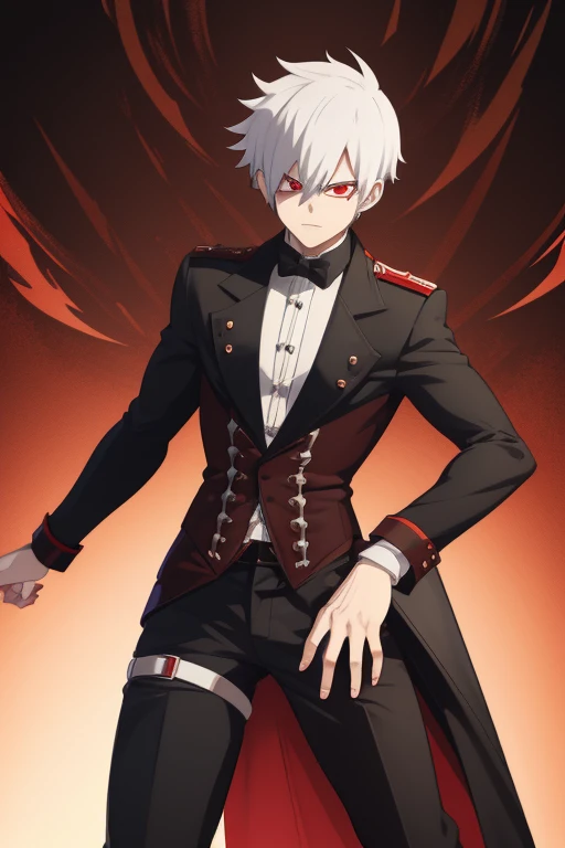 Shoto Todoroki from My Hero Academia, Vampire, incubus, red eyes and white hair, black clothes, black steampunk pants, red shirt, black vest, pale skin. Looking straight at the viewer