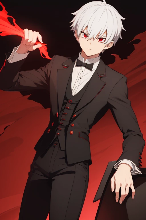 Shoto Todoroki from My Hero Academia, Vampire, incubus, red eyes and white hair, black clothes, black steampunk pants, red shirt, black vest, pale skin. Looking straight at the viewer