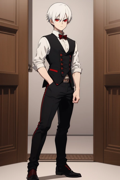 Shoto Todoroki from My Hero Academia, Vampire, incubus, red eyes and white hair, black clothes, black steampunk pants, red shirt, black vest, pale skin. Looking straight at the viewer