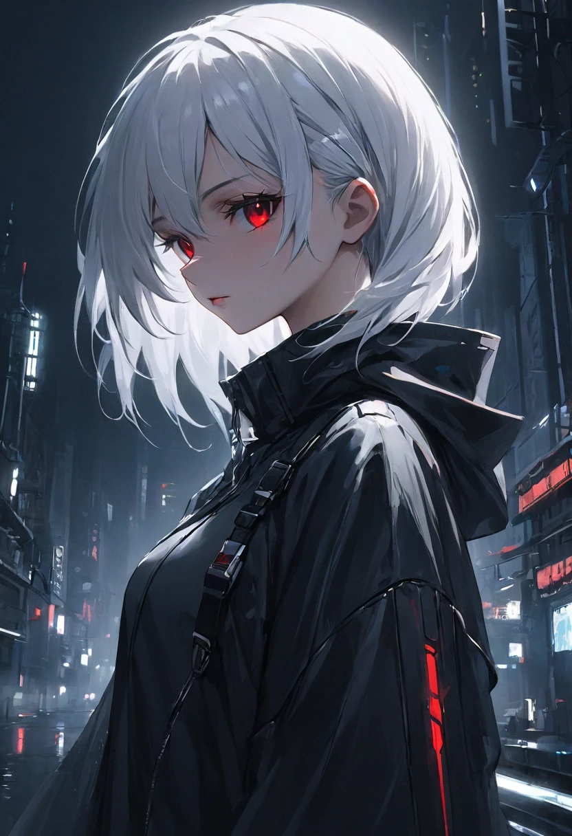 black clothes , masterpiece , , night , beauty , white hair , red eyes , cyberpunk , soft light , cyberpunk girl