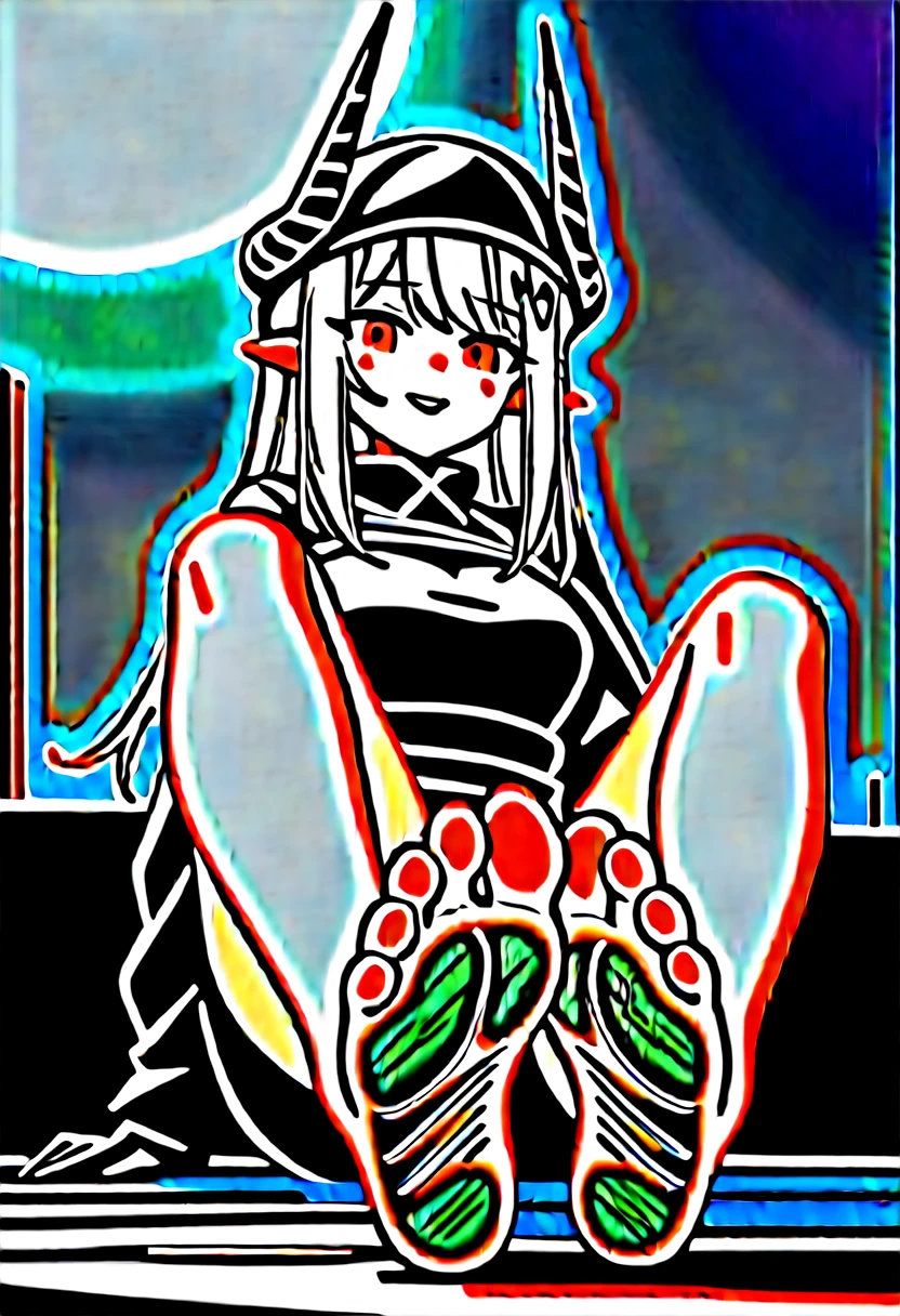 score_9,score_8_up,score_7_up,1girl,mudrock (arknights),dirty,feet,gloves,helmet,horns,soles,red eyes,barefoot,pointy ears,breasts,solo,long hair,white hair,black gloves,toes,hardhat,foot focus,looking at viewer,sitting,sweat,parted lips,dirty feet,holding,outdoors,sky,bangs,oripathy lesion (arknights),day,smile,blush,demon horns,infection monitor (arknights),foreshortening,sun,