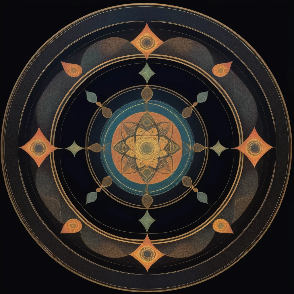 circle, Convoluted, Fantasia, Ancient writings　Round　Black background　Fantastical　magic circles　planar　one big circle　fine print　fine shape　bilaterally symmetrical　Geometry learned no human background only