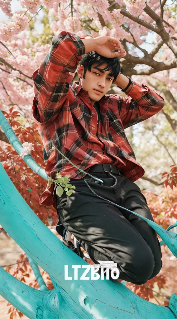 A young man with black hair is sitting in front of a flowering tree. He is wearing a plaid shirt and has earphones in his ears.