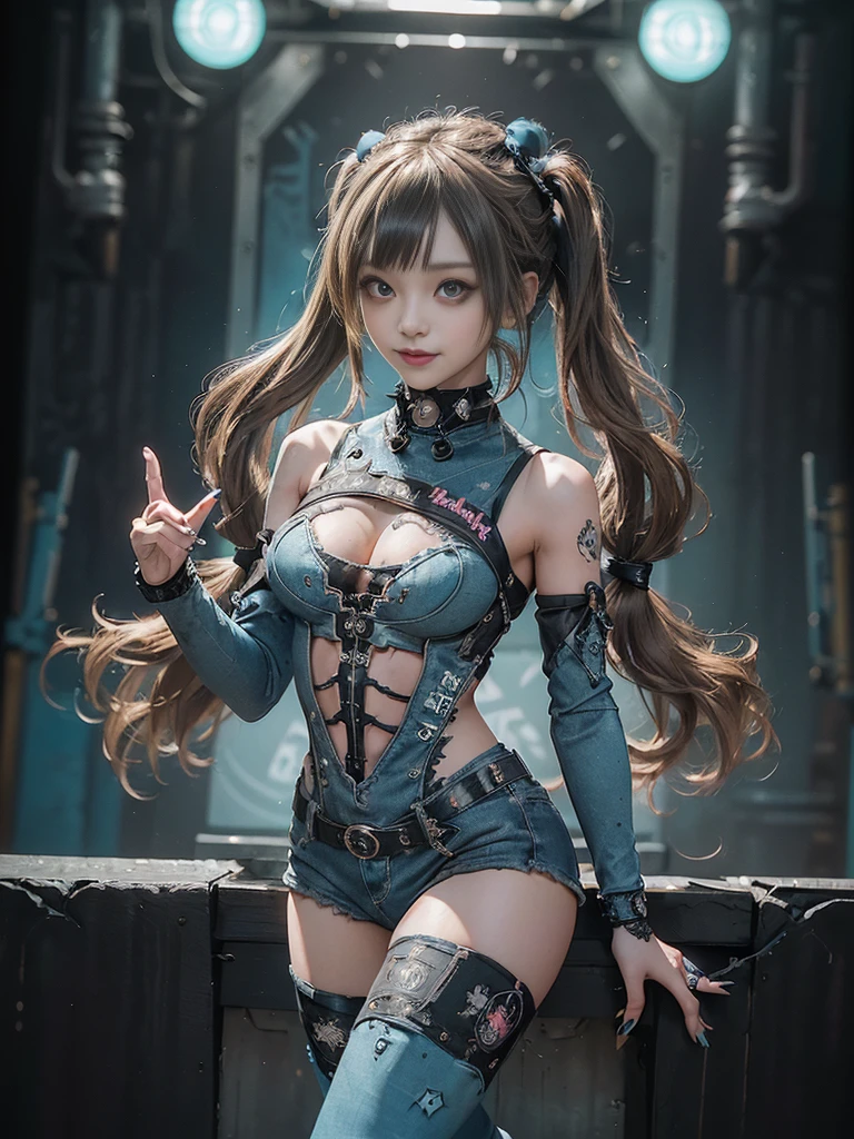 (Full Body View:1.4)、(Full body:1.3)、(Smiling with teeth showing:1.4),(Shibuya Gal:1.5)、(Gothic Lolita style fashion:1.5)、(Punk RockVisual Kei:1.5)、(Wearing a rhythmic gymnastics bodysuit with intricate details:1.4)、(Racing suit and pants with intricate turquoise, denim and charcoal decorations:1.5)、(Denim and light blue and turquoise boots:1.3)、((belt))、(Numerous delicate logo marks all over the costume:1.4)、(collar:1.3)、(Polka dot underwear:1.5)、20-year-old、NSFW、((Highest quality、In 8K、masterpiece:1.3))、Sharp focus:1.2、(Layered Cut、Huge boobs:1.1),Beautiful woman with perfect figure:1.4、(do a gravure pose:1.3)、Slender Abs:1.2、Highly detailed face and skin texture、Detailed eyes、double eyelid,(Twin tails:1.3)、(Brown-golden hair:1.3)、Gravure idol、(The background is the stage of the fashion show:1.3)、(Slim body:1.3),(Make your legs thinner:1.4),(clavicle:1.1)