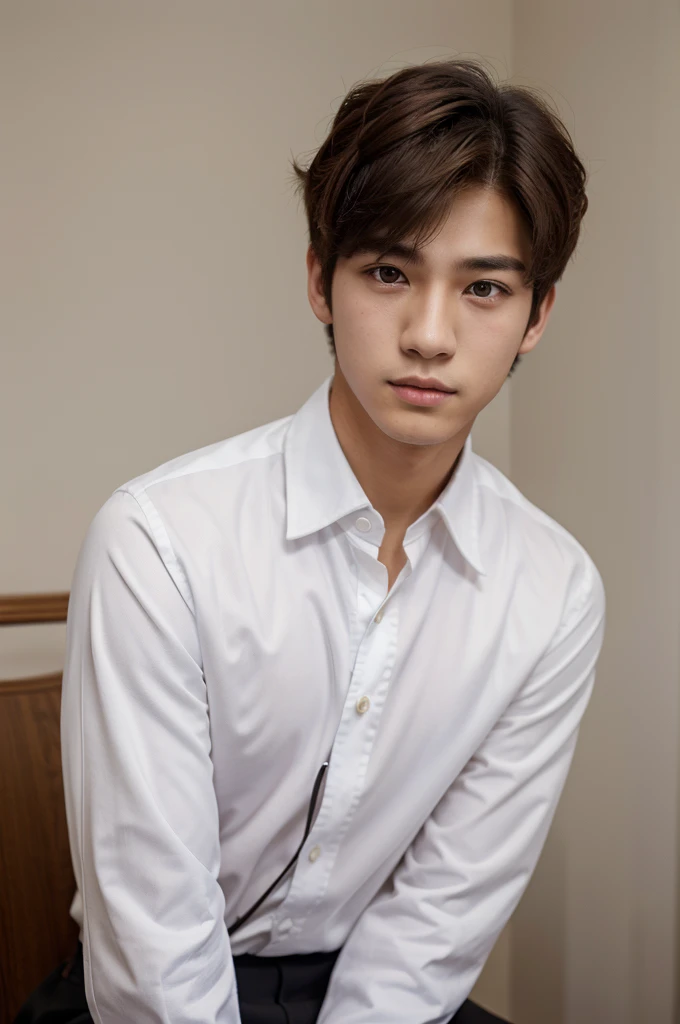 Male teenagers,handsome,comma hair hairstyle,Korea,wearing a long-sleeved white collared shirt,brown eyes,flat expression