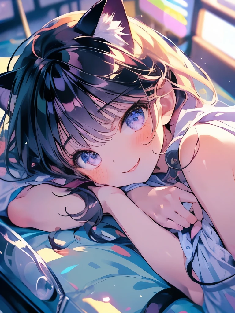 Masterpiece、Delicate expressiveness、A girl around 10 years old、Sparkling eyes、Cat ear、smile、Lie down on tatami、((Supine state))、(((Bright composition from above)))