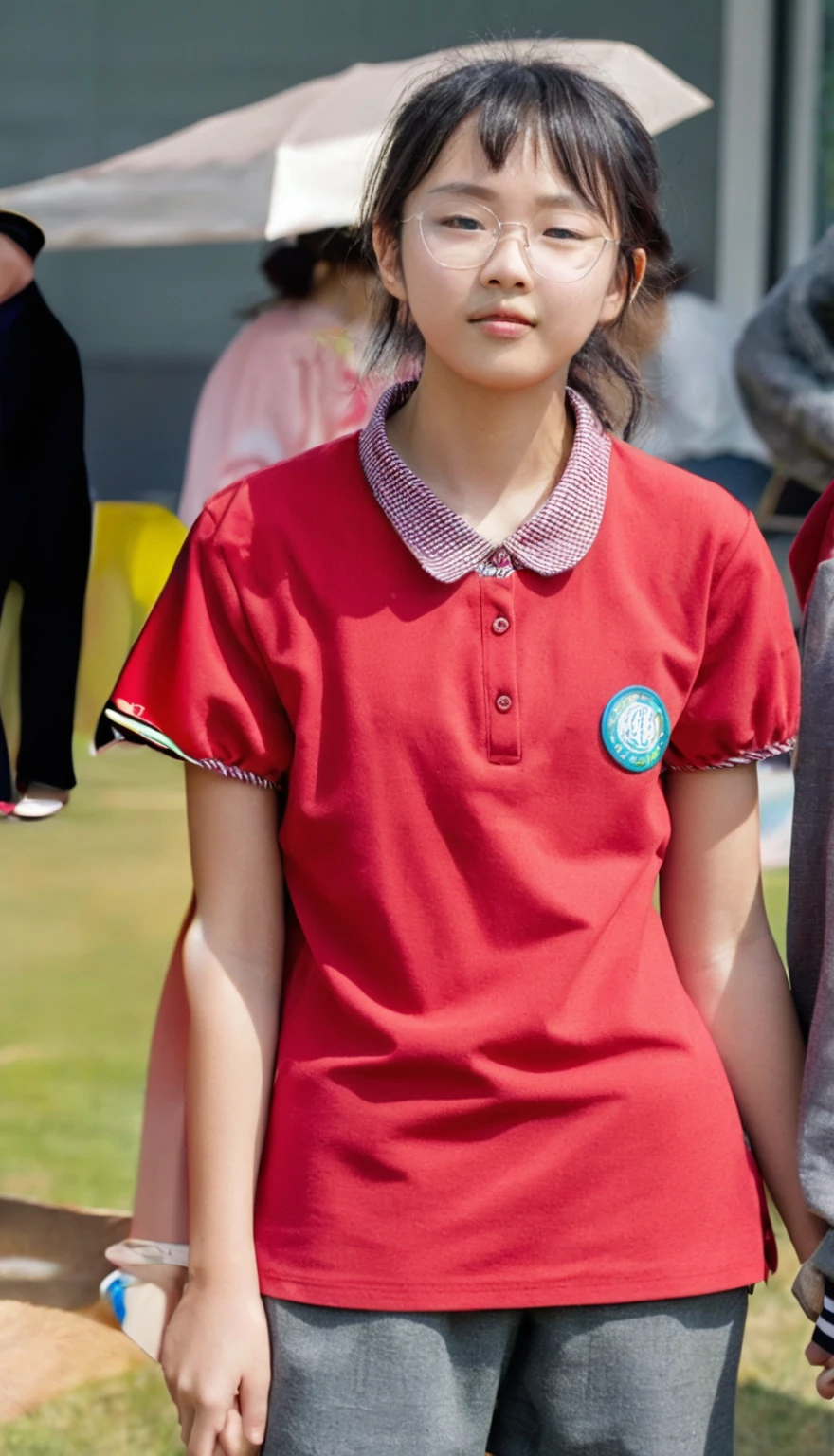 there is a young Girls stand in a field with a frisbee, Girl in uniform, Wearing a polo shirt, Red uniform, Wearing school uniform, Red Shirt, wearing Japanese school uniforms, Captain in red, Wearing school uniform, Japanese school uniforms, , wearing red attire, Wearing school football uniform, Chinese Girl, Young Asian Girl, Girls stand