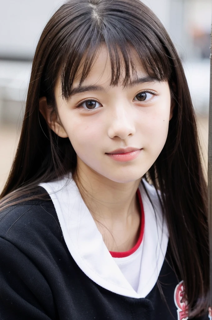 A bright high school girl with long black hair, a straight nose, beautiful eyes　whole body