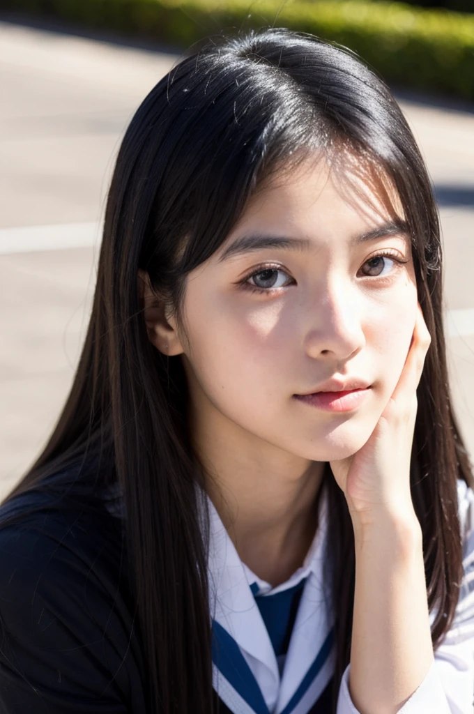A bright high school girl with long black hair, a straight nose, beautiful eyes　whole body