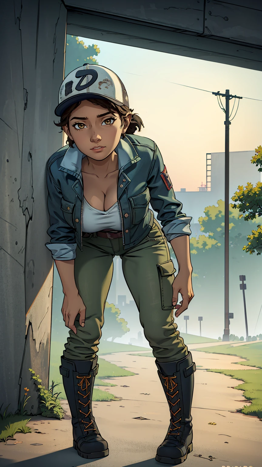 ((masterpiece, best quality)),(complex lighting) ,solo,(((1girl))) ,clementine, light skin,light-skinned female, baseball cap, green cargo pants, brown eyes, tight pants, combat boots, shirt, short hair, one short ponytail, open denim jacket, huge butt, thicc butt , (((8k))), (((full body))), (((bent over))), (((looking at the viewer))), (((view from in front of her))), big breasts, cleavage