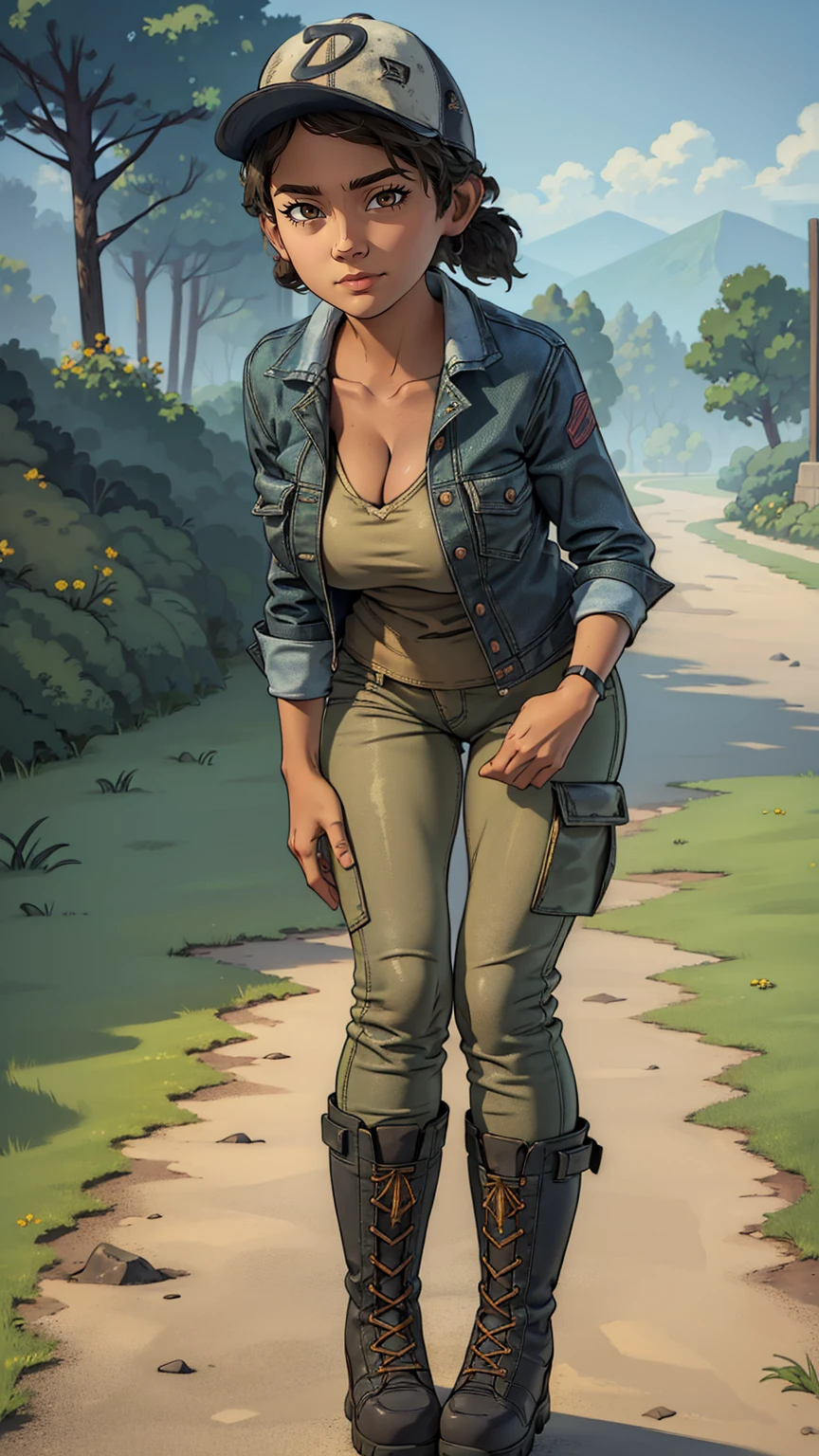 ((masterpiece, best quality)),(complex lighting) ,solo,(((1girl))) ,clementine, light skin,light-skinned female, baseball cap, green cargo pants, brown eyes, tight pants, combat boots, shirt, short hair, one short ponytail, open denim jacket, huge butt, thicc butt , (((8k))), (((full body))), (((bent over))), (((looking at the viewer))), (((view from in front of her))), big breasts, cleavage