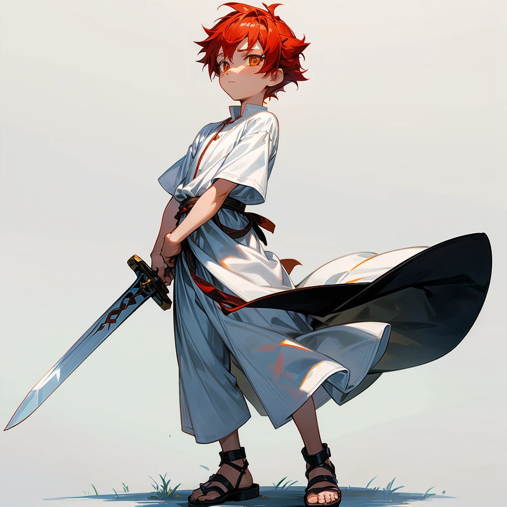 1little boys, Full body version, orange eyes, undercut hair, red colour hair, plain full white tunic Roman clothing, short sleeve shirt, gladiator sandals, plain sword in hand, Grassroots background