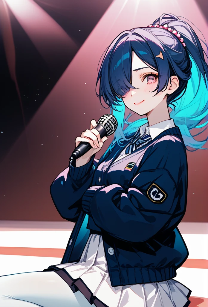 mature woman, mature face, pink eyes, shy expression, shy face, nervous smile, glossy lips, ponytail hair, (blue hair color, pink gradient hair color, azure color hair), bangs covering left eye, left blinding bangs hairstyle, mature body, small breasts, dark blue cardigan, short skirt, navy color skirt, pantyhose, idol, stage, holding microphone, (idol pose)