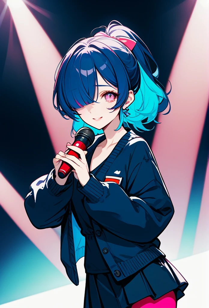 mature woman, mature face, pink eyes, shy expression, shy face, nervous smile, glossy lips, ponytail hair, (blue hair color, pink gradient hair color, azure color hair), bangs covering left eye, left blinding bangs hairstyle, mature body, small breasts, dark blue cardigan, short skirt, navy color skirt, pantyhose, idol, stage, holding microphone, (idol pose)