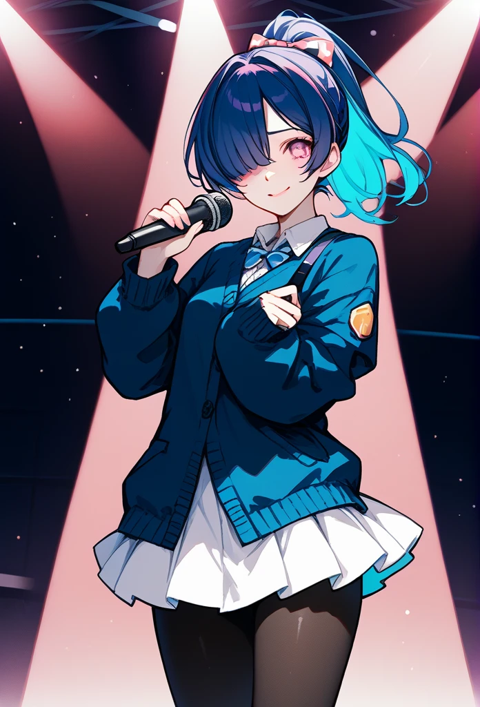mature woman, mature face, pink eyes, shy expression, shy face, nervous smile, glossy lips, ponytail hair, (blue hair color, pink gradient hair color, azure color hair), bangs covering left eye, left blinding bangs hairstyle, mature body, small breasts, dark blue cardigan, short skirt, navy color skirt, pantyhose, idol, stage, holding microphone, (idol pose)