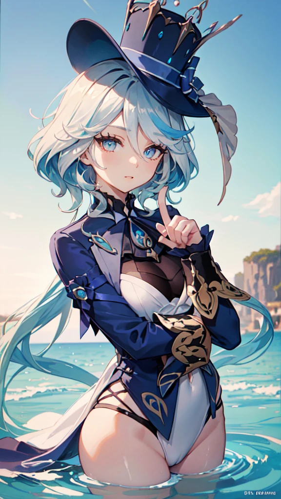 （White skirt），（（（Wearing a small black hat）））Forrina, Surrealism, 8K, Super Detail, Hydraulic Archon, permanent, Naughty face, smug, beautiful eyes, masterpiece, high resolution, 8K, Anime woman, The writing is delicate and meticulous 、Detailed digital illustration、(((Genshin Impact))、Shiny hair、A very beautiful woman、High image quality, high quality、Detailed background、The inside of the eye sparkles like a diamond、(((Blue Hair)))、(((Scan your fringe)))、Gradient pupil、(((2 arms、4 fingers, 1 thumb)))、Detailed female face、A very beautiful woman、、Detailed background、​masterpiece、Soft Focus , Bright gradient watercolor , lens flare , (((flash))) , glow , excellent ,、((Very beautiful light blue rose hair accessories)), Swimsuit,Beach Background,Standing in water swimming