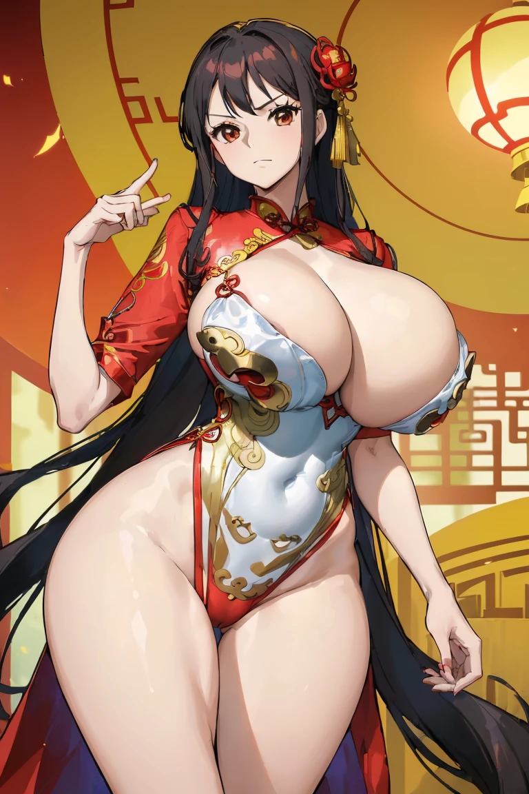 sexy women, China environment, silber hair, ((((humongous large breast)))), (((Red cheongsam)))), ((((Red cheongsam)))), (((Gold accents))), ((Perfect hourglass figure)), (((Big breasts that expose the))),