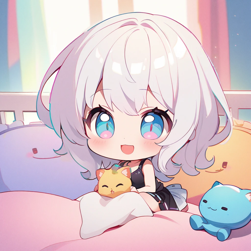 masterpiece、Highest quality、Depth of subject、((2D illustration))、1 beautiful girl、((colorful))、(((chibi style)))、((Long, beautiful hair))、Bright silver hair、ribbon、cute、Beautifully detailed eyes、Tank top、((mini skirt))、(((vivid color))、((bed))、stuffed toy、((medium shot))、((Very happy face))、((Holding a kitten))、((There's a lot of pink around))、((Lens flare))、White light is shining、Sunbeam、My whole body was filled with light、Cinematic lighting、Full body lighting