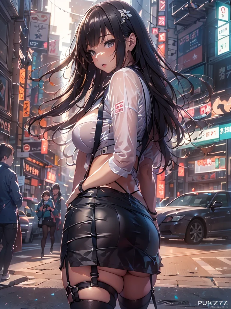 Photorealism, highest quality, ultra-high resolution, photography, exquisitely beautiful photography, extraordinary beauty, ultra-high definition anime wallpaper:1.3, Blake, perfect body, biologically accurate limbs, beautiful bangs, shining white skin, bangs, eyebrows, beautiful and shiny hair, smooth hair, thin hair, focus on the whole body, back view photo:1.5, back view:1.5, from behind, full body shot:1.5, ((Photo taken with a camera on the road)), neat and tidy adult female teacher, 2, 1 person, (hooded parka, camisole, tulle skirt), ((thighs)), (white panties, exposed buttocks), ((skirt and hair fluttering in the wind), model-like legs, gray wavy hair, long hair, city, retro city atmosphere, retro shades, ((Back view of a woman walking into the distance:1.5)), (Space-like sky, starry sky, Milky Way, many small stars:1.5),