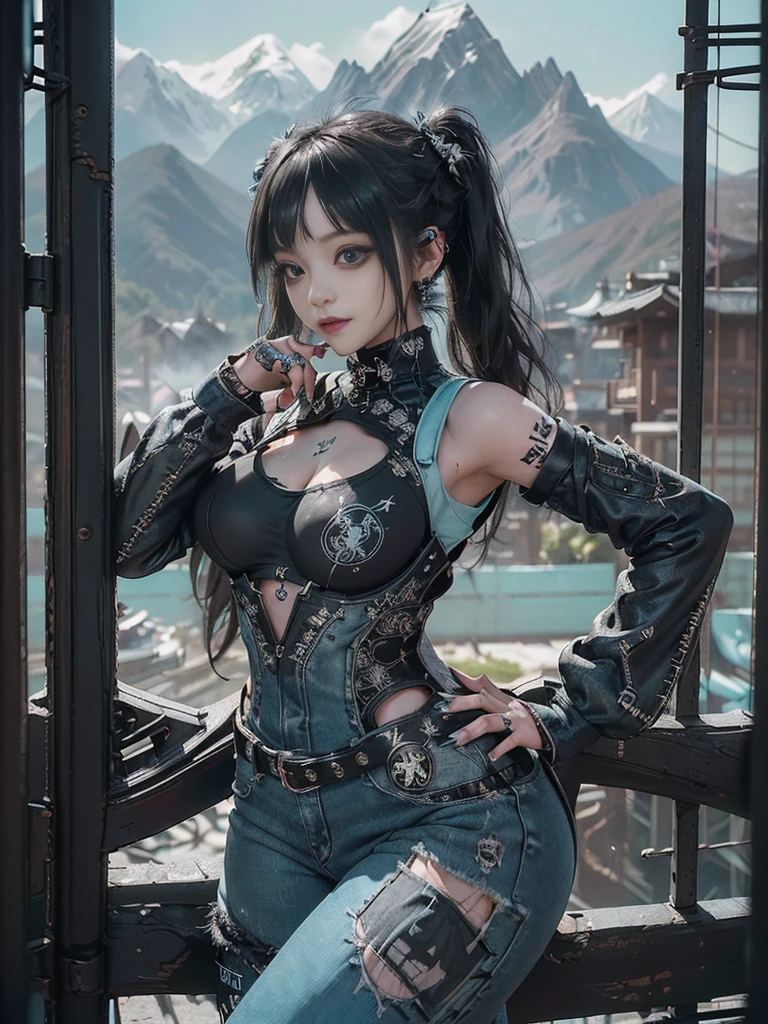 (Full Body View:1.4)、(Full body:1.3)、(Smiling with teeth showing:1.3),(Shibuya Gal:1.5)、(Gothic Lolita style fashion:1.5)、(Punk RockVisual Kei:1.5)、(Wearing a rhythmic gymnastics bodysuit with intricate details:1.4)、(Racing suit and pants with intricate turquoise, denim and charcoal decorations:1.5)、(Denim and light blue and turquoise boots:1.3)、((belt))、(Numerous delicate logo marks all over the costume:1.4)、(collar:1.3)、(Polka dot underwear:1.5)、20-year-old、NSFW、((Highest quality、In 8K、masterpiece:1.3))、Sharp focus:1.2、(Layered Cut、Huge boobs:1.1),Beautiful woman with perfect figure:1.4、(do a gravure pose:1.3)、Slender Abs:1.2、Highly detailed face and skin texture、Detailed eyes、double eyelid,(Twin tails:1.3)、(Black brown hair:1.3)、Gravure idol、(The background is a vast mountain々Beautiful luxury resort destination in Europe:1.3)、(Slim body:1.3),(Make your legs thinner:1.4),(clavicle:1.1)