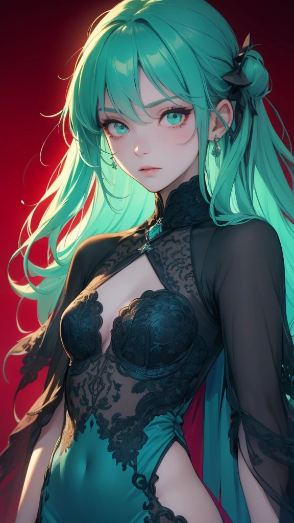 "red crimson hair" elf ears, freckles, adult woman, sculptural body, super detailed hand, super detailed face, hyper detailed body, No defects, (emerald green eyes), focused eyes, pretty detailed eyes, pale skin, blushed face, (( wearing a black Chinese dress)), long hair, tied up hair, serious expression, frowning eyes, partes do fully body, entire limbs, (fully body), gorgeous fur, high resolution, 4K, Waist slender, small foot, role model, best qualityer, long black sock, good lighting, simple background, darkness background