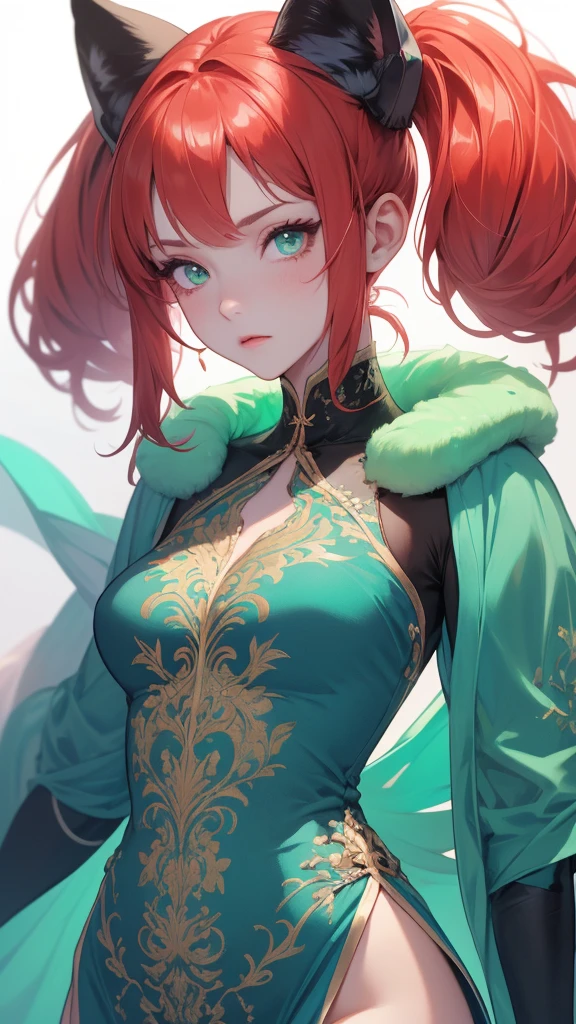 "red crimson hair" elf ears, freckles, adult  woman, sculptural body, super detailed hand, super detailed face, hyper detailed body, No defects, (emerald green eyes), focused eyes, pretty detailed eyes, pale skin, blushed face, (( wearing a black Chinese dress)), long hair, tied up hair, serious expression, frowning eyes, partes do fully body, entire limbs, (fully body), gorgeous fur, high resolution, 4K, Waist slender, small foot, role model, best qualityer,  long black sock, good lighting, simple background, darkness background