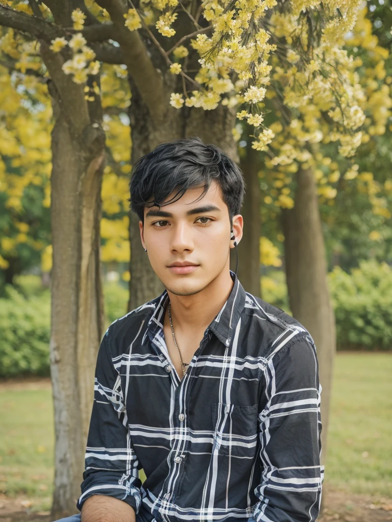A young man with black hair is sitting in front of a flowering tree. He is wearing a plaid shirt and has earphones in his ears.