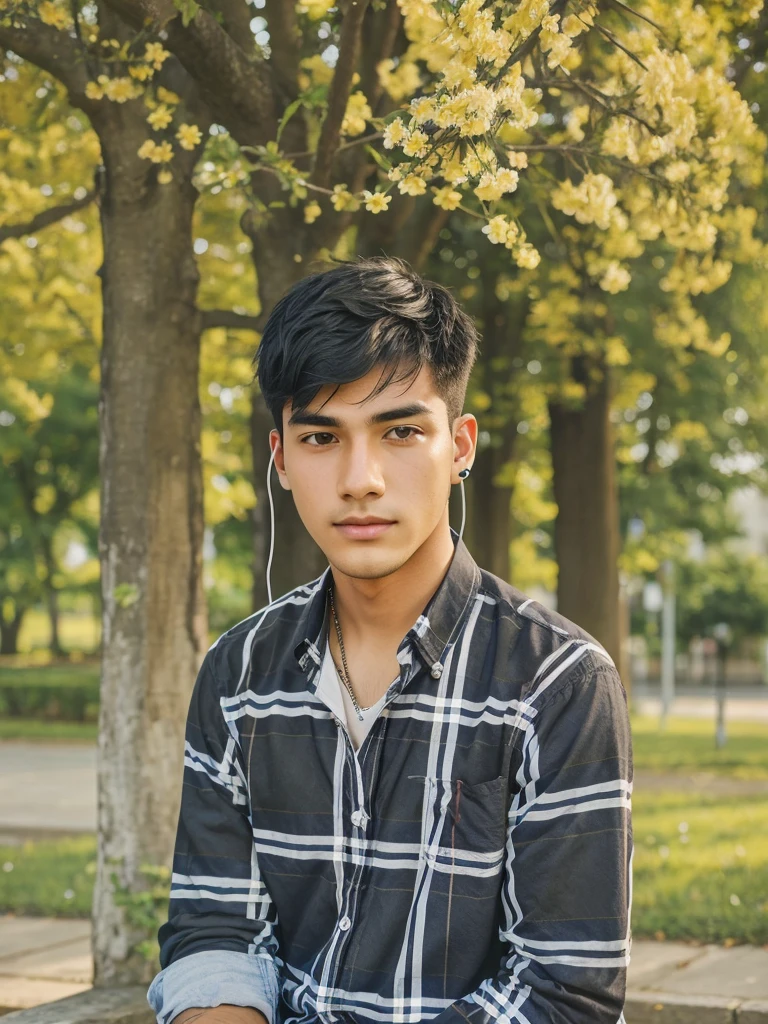 A young man with black hair is sitting in front of a flowering tree. He is wearing a plaid shirt and has earphones in his ears.