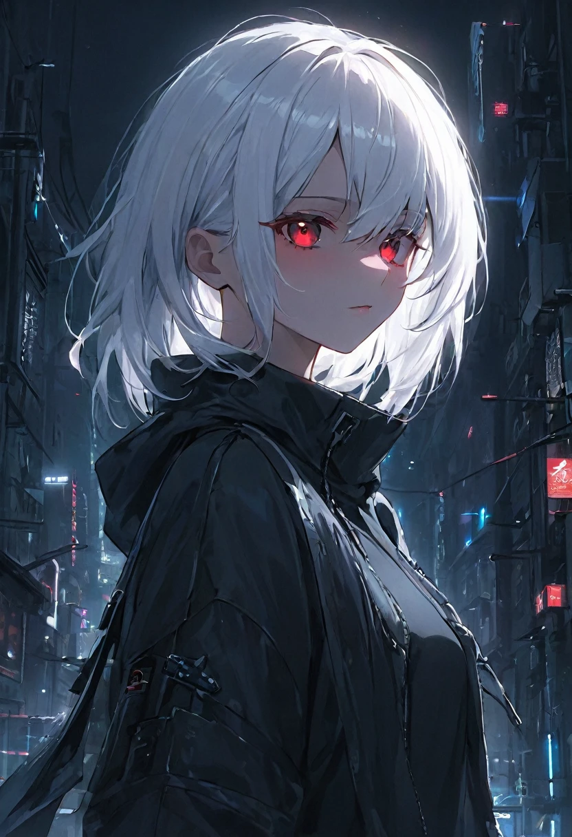 black clothes , masterpiece , , night , beauty , white hair , red eyes , cyberpunk , soft light , cyberpunk girl