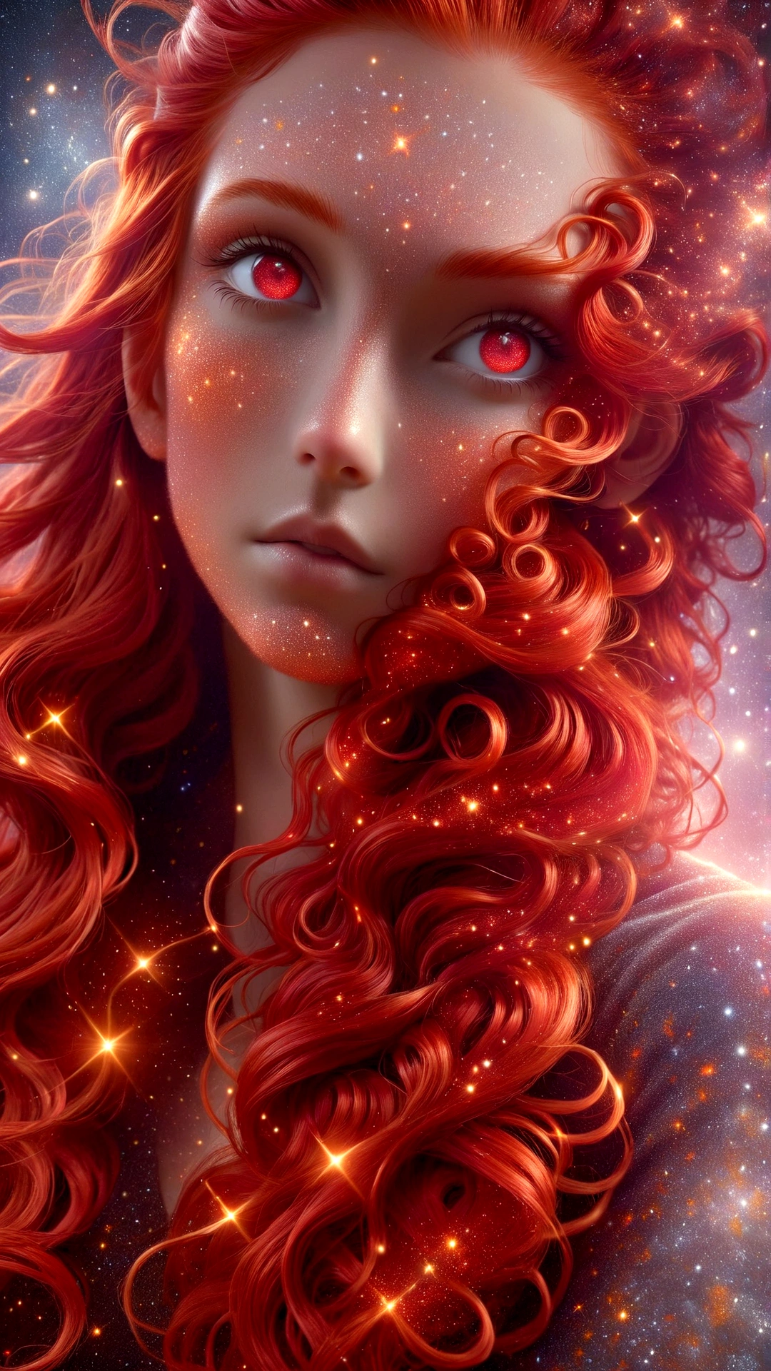 there is a woman with red hair and a star dusted background, red glowing hair, with red hair, red dyed hair, with long red hair, bright red hair, red colored, long glowing red hair, glowing red, red hair, glowing crimson head, with curly red hair, crimson red hair and red eyes, red haired goddess, vibrant red hair, redgold hair