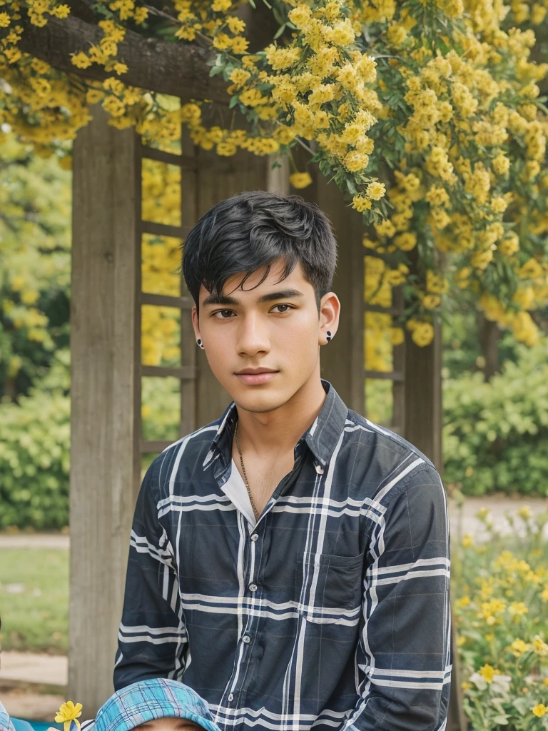 A young man with black hair is sitting in front of a flowering tree. He is wearing a plaid shirt and has earphones in his ears. The image shows a young man and a young boy posing for a photo. The young man is wearing a striped shirt and has a beard, while the young boy is wearing a plaid shirt and has dark hair. They are standing in front of a vibrant yellow flower bush.