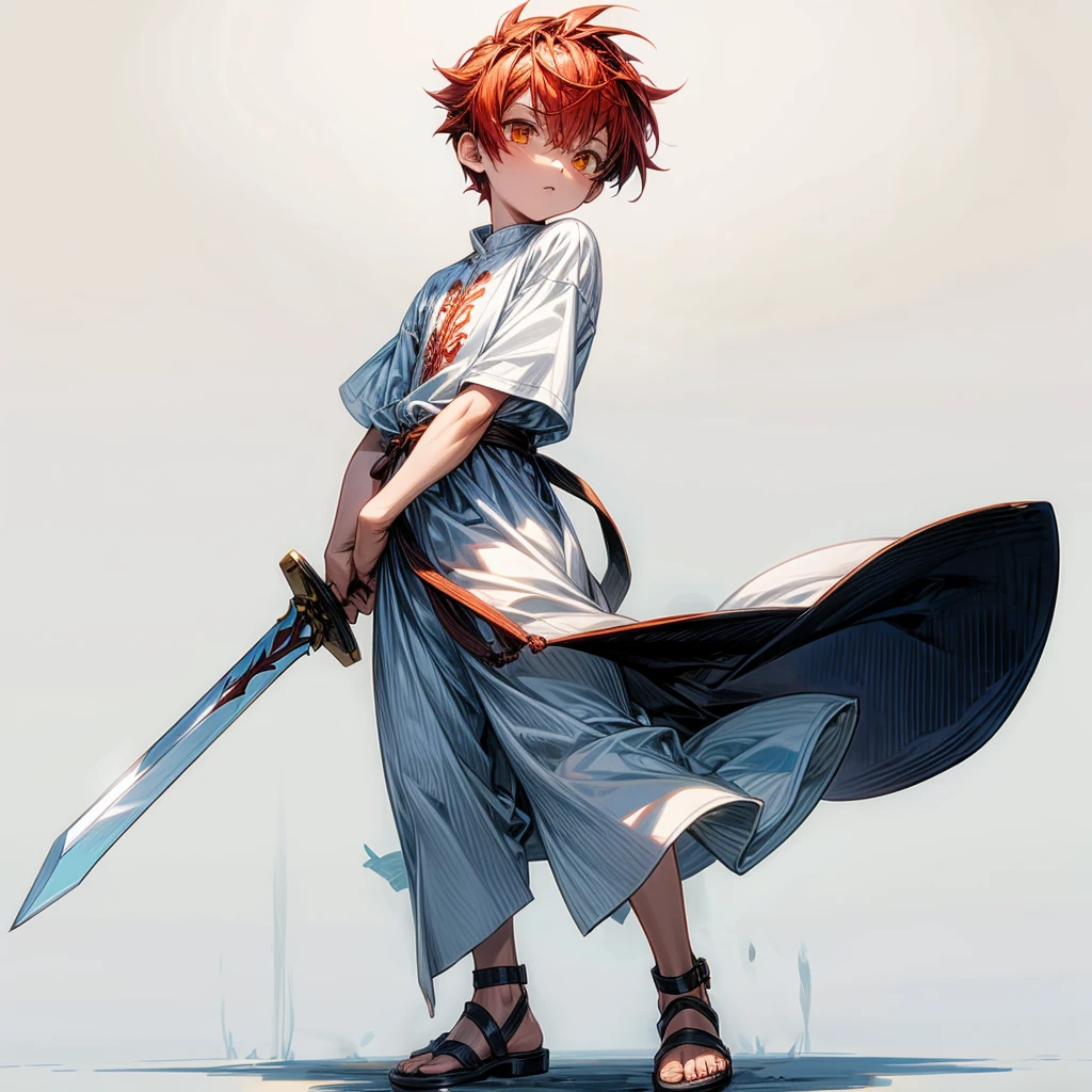 1little boys, Full body version, orange eyes, undercut hair, red colour hair, plain full white tunic Roman clothing, short sleeve shirt, gladiator sandals, plain sword in hand, Grassroots background