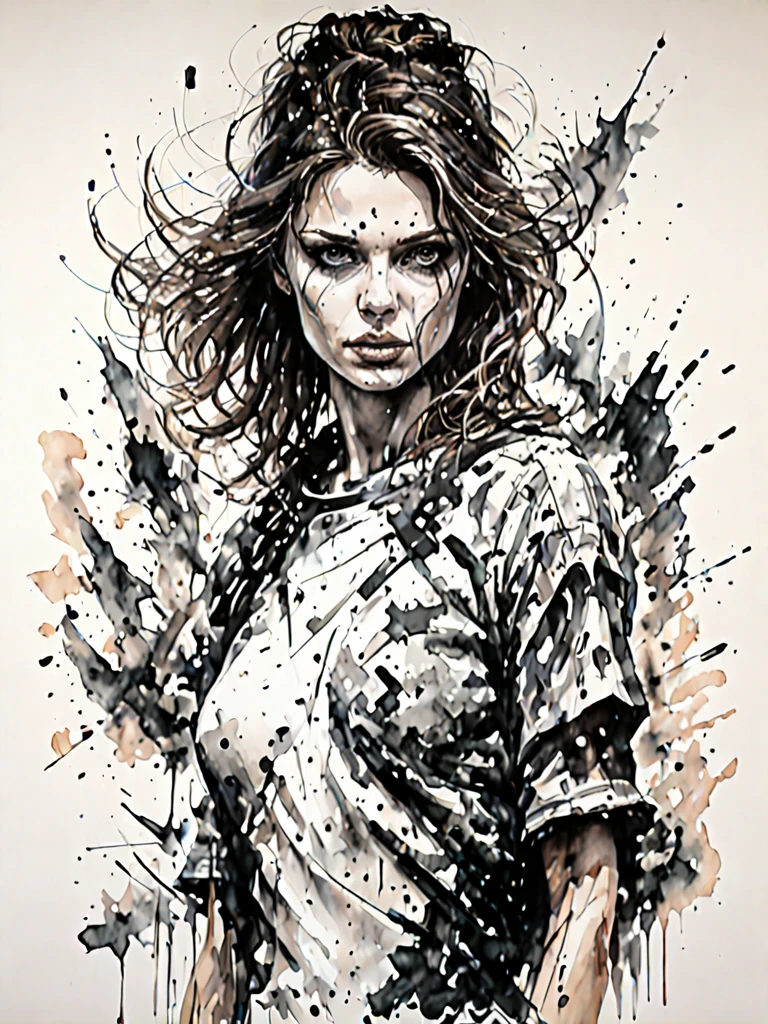 (Rachel Nichols:0.9), ink drawing of a girl by Emila Medková, in the style of hyper-realistic sci-fi, detailed perfection, hyper-realistic details, realistic woman figures, heavy use of palette knives, hyper-realistic pop, frayed, 