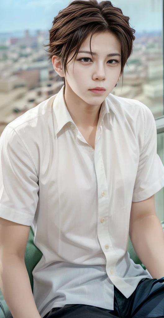 A handsome young man with a striking resemblance to a popular K-pop idol sits pensively, his gaze fixed upon us. He wears a crisp white shirt, complete with a collar and short sleeves, and a pair of stylish glasses. His short brown hair is neatly styled.