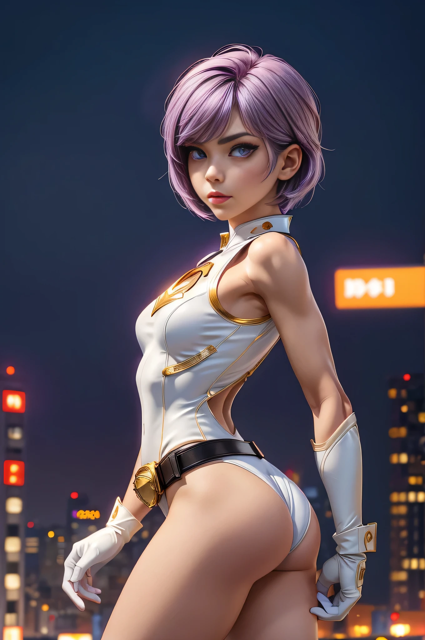 1girl, medium breasts, leotard, white and red leotard, bare legs, tight belt, gold belt, gloves, white glove,
city backdrop, tokyo city backdrop, solo, single, hands on hip, cowboy shot, superhero, beautiful detailed eyes, 20 year old girl,
gold symbol on chest, purple hair, short hair, bob hair, purple eyes, sleeveless, perfect anatomy, masterpiece, (rear view)