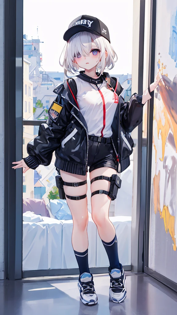 masterpiece, Highest quality, 4K, Ultra-high resolution, mishoujo, Painting, Beautiful eyes and fine face, figure, Beautiful details, high resolution figure, Shine_white_particle, One girl, white hair, Light purple eyes, Hair on one eye, Short side details, Baseball cap,Expressionless, Window Shades, Black jacket, Chest Rig, cyber punk, Techwear,(Impressionism:1.4)