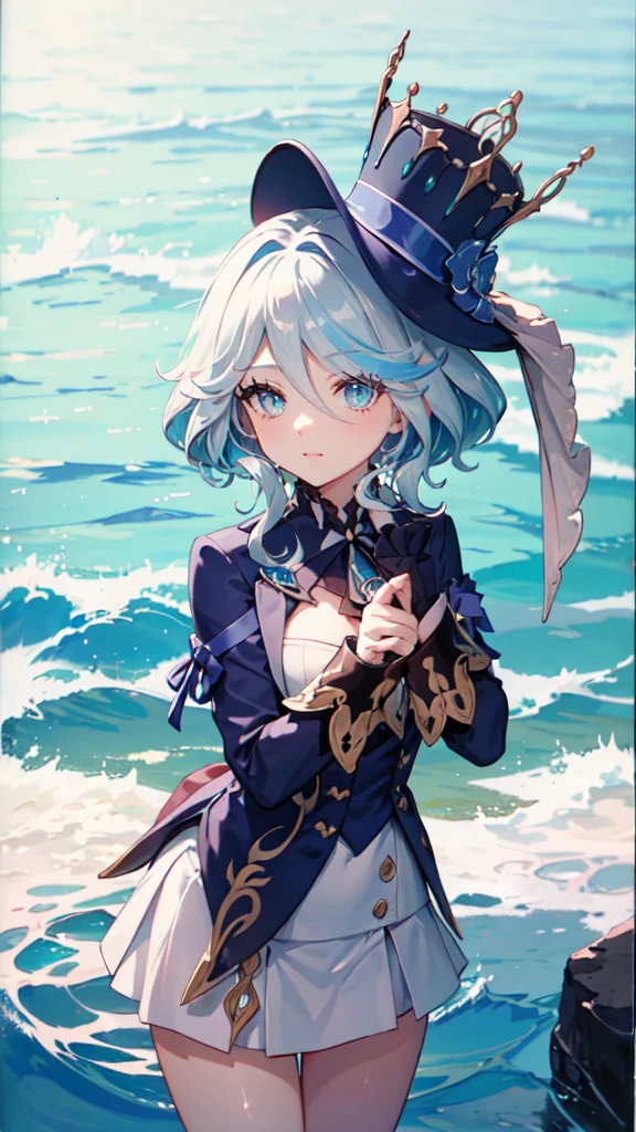 (White skirt),(((Wearing a small black hat)))Forrina, Surrealism, 8K, Super Detail, Hydraulic Archon, permanent, Naughty face, smug, beautiful eyes, masterpiece, high resolution, 8K, Anime woman, The writing is delicate and meticulous 、Detailed digital illustration、(((Genshin Impact))、Shiny hair、A very beautiful woman、High image quality, high quality、Detailed background、The inside of the eye sparkles like a diamond、(((Blue Hair)))、(((Scan your fringe)))、Gradient pupil、(((2 arms、4 fingers, 1 thumb)))、Detailed female face、A very beautiful woman、、Detailed background、masterpiece、Soft Focus , Bright gradient watercolor , lens flare , (((flash))) , glow , excellent ,、((Very beautiful light blue rose hair accessories)), Swimsuit,Beach Background,Standing in water swimming