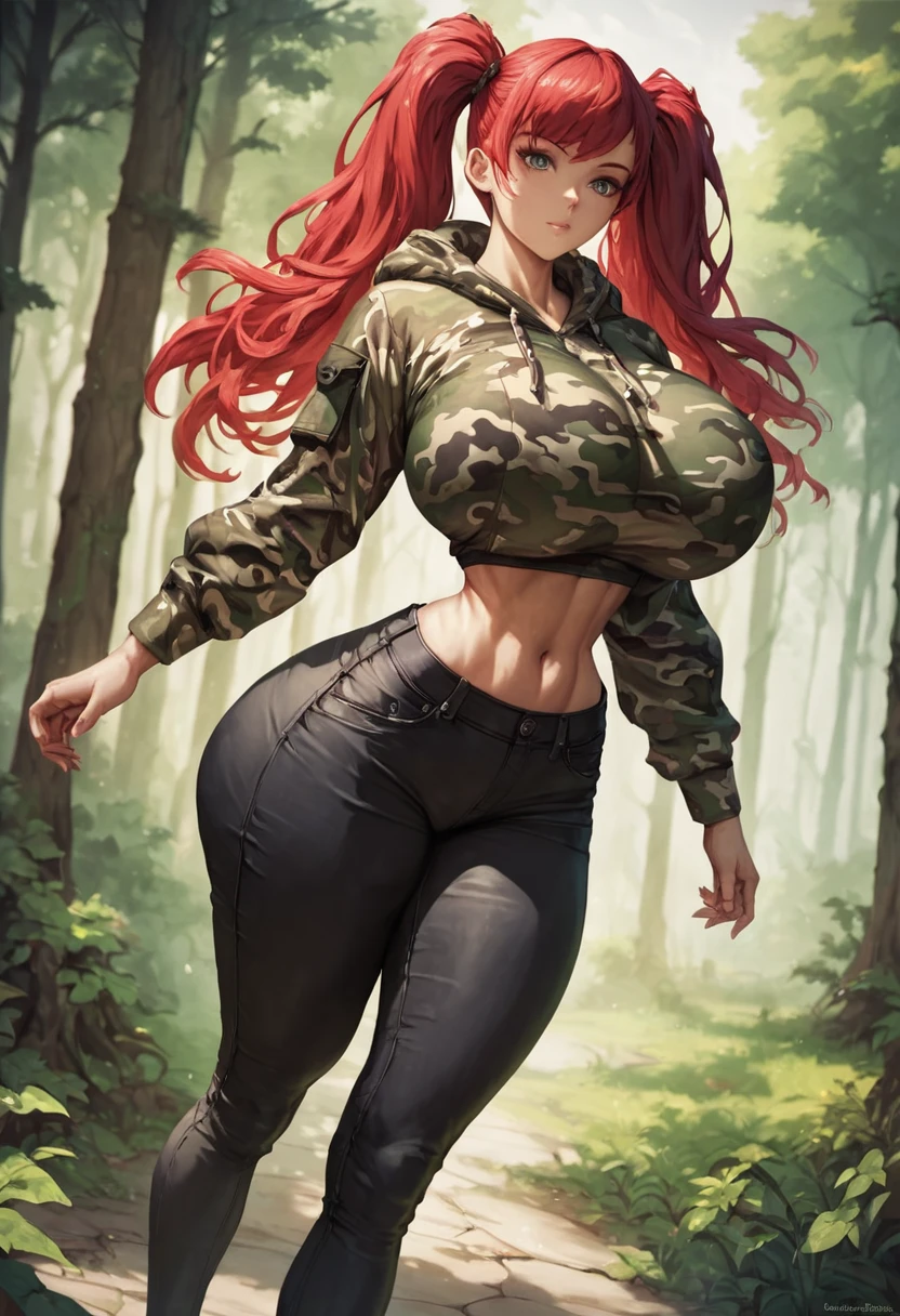 1girl, solo, masterpiece, best quality, detailed, narrow waist, wide hips, huge breasts, huge ass, score_9, score_8_up, score_7_up, red hair, twintails, long hair, forest, camouflage hoodie, black pants, 