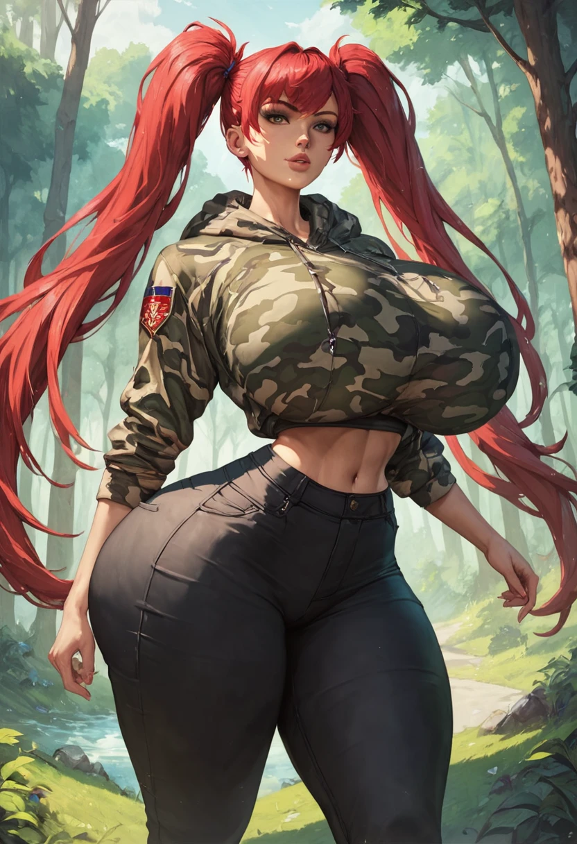 1girl, solo, masterpiece, best quality, detailed, narrow waist, wide hips, huge breasts, huge ass, score_9, score_8_up, score_7_up, red hair, twintails, long hair, forest, camouflage hoodie, black pants, 