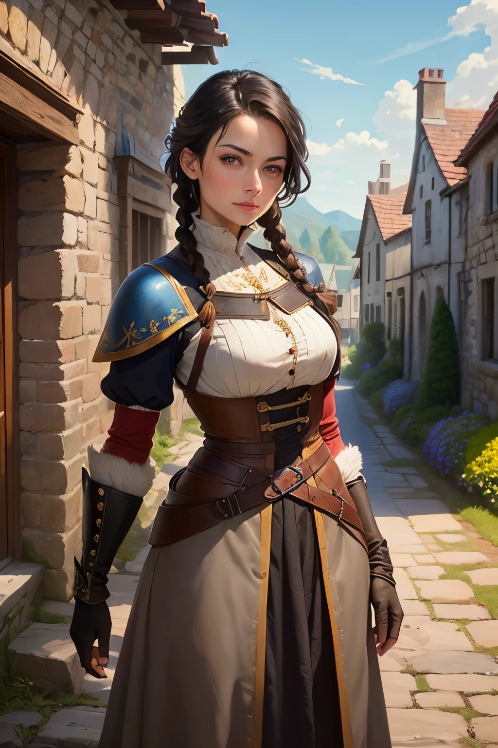 ((best qualityer)), ((work of art)), (detailded), 1 45 year old woman , adventurous medieval fantasy RPG ,face of Kristin Kreuk , brunette skin, Super detailded, black hair tied up, black hair with braids, European peasant clothing ,commoner ,fully dressed, brown leather clothing, fully dressed, gray gauntlets, gray belts, in the background an old stone building, clear lighting, detailed shadows