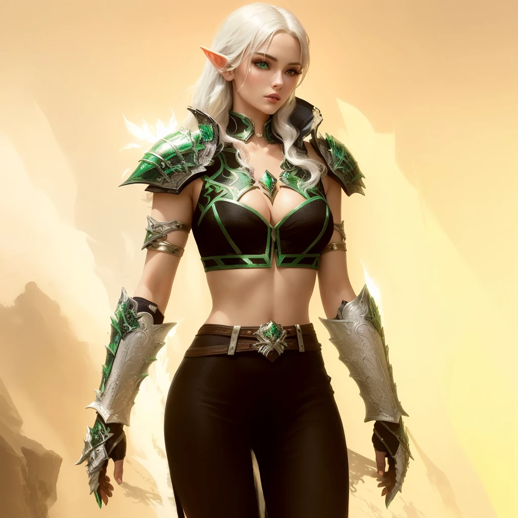 there is a woman with a white hair and a green and black outfit, a blonde emerald warrior, clothed in ethereal battle armor, sleek glowing armor, alluring mesmer woman, wearing shiny breastplate, sleek bright white armor, fantasy outfit, from guild wars, warrior outfit, dressed like a cleric, sleek white armor, female elf, wearing sleek armor