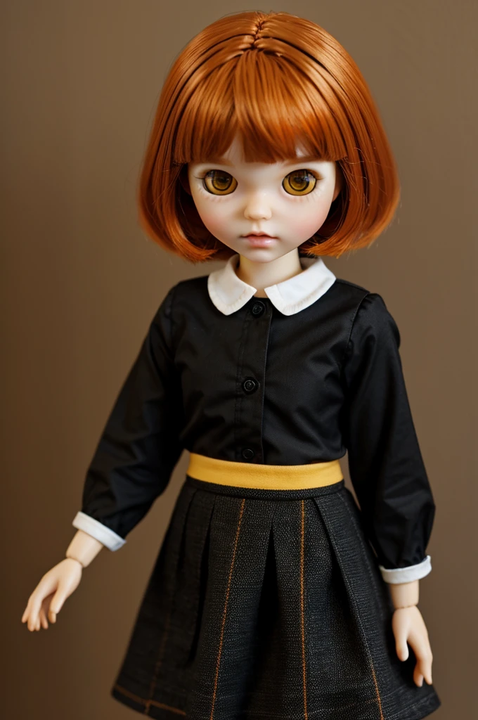 Blythe dolls with short dark orange hair and yellow eyes  with black shirt and short black skirt 