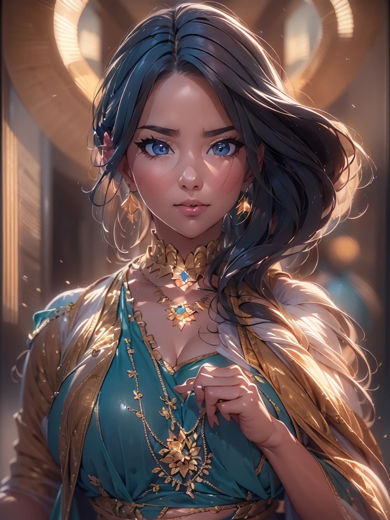 Arabian woman in blue dress with gold belt and necklace, 3d rendering character art 8k, Trending on cgstation, Chengwei Pan at Art Station, Inspired by Run In, 8k art germany bokeh, 8k high quality detailed art, deviantart artstation cgscosiety, cgsociety 8k, cgsociety 8k