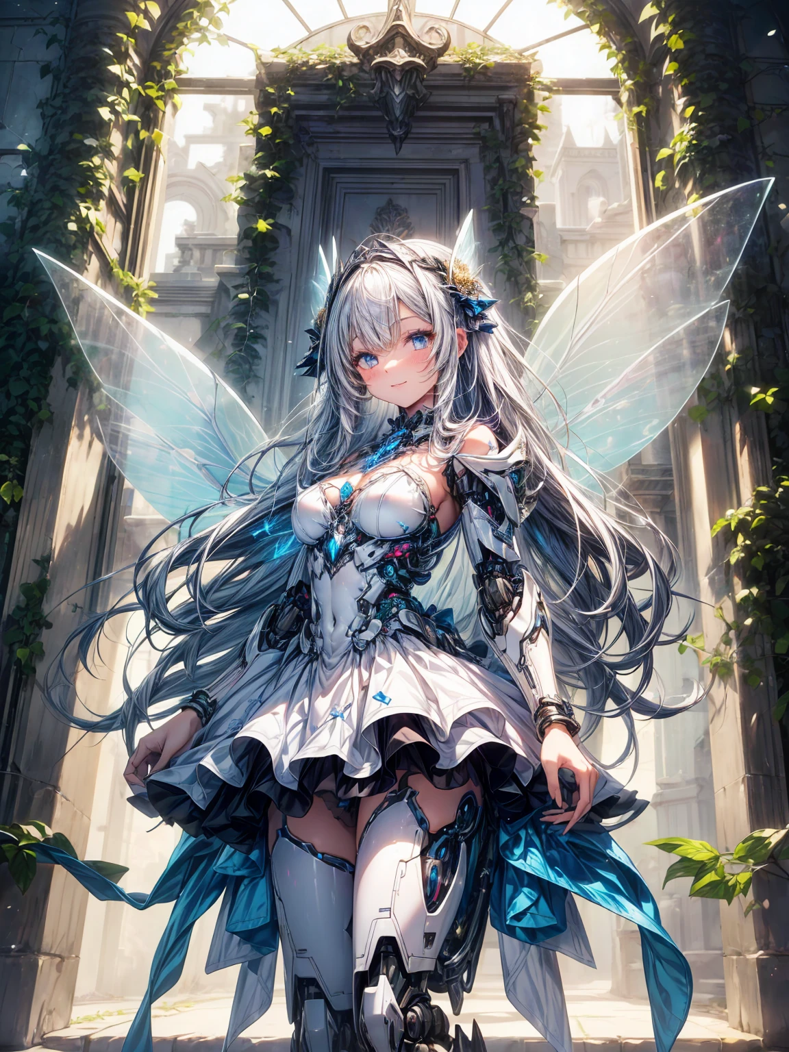 (1 Girl: 1.0),
(18-year-old:1.0), (Medium Chest:1.2), (Silver Braid: 1.0), (Beautiful photorealistic face:1.1), (Clear blue little eyes: 1.0), (Cybernetic female robot:1.0), (Mech Suit:1.0), (White Gothic Breastplate:1.0), (Doll joints:1.0), (A classic Ivy League colored tutu with gorgeous ruffles: 1.1), (Gold decorative embroidery: 1.0), (iridescent holographic fairy wings: 1.1), (A kind smile, Happy:1.0),
She stands in arabesque pose in front of a large glass window。.
Highest quality, masterpiece, (Photorealistic Style:1.2