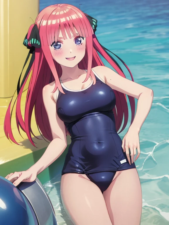 best quality, insanely detailed, nino nakano, breasts, one-piece swimsuit, blush, smile