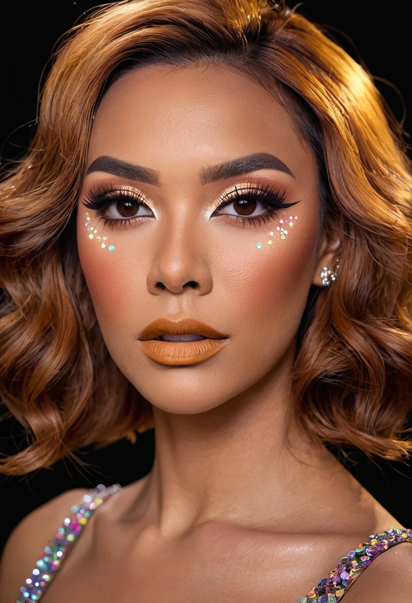 Close-up shot of a MagMix Girl's face, tan skin, realistic skin texture, drag queen, makeup, studio light, dark background