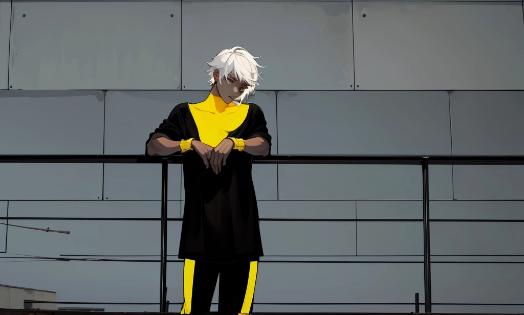 There is a young man with white hair on a balcony, he has black clothes with yellow, he has bracelets and a golden cello.