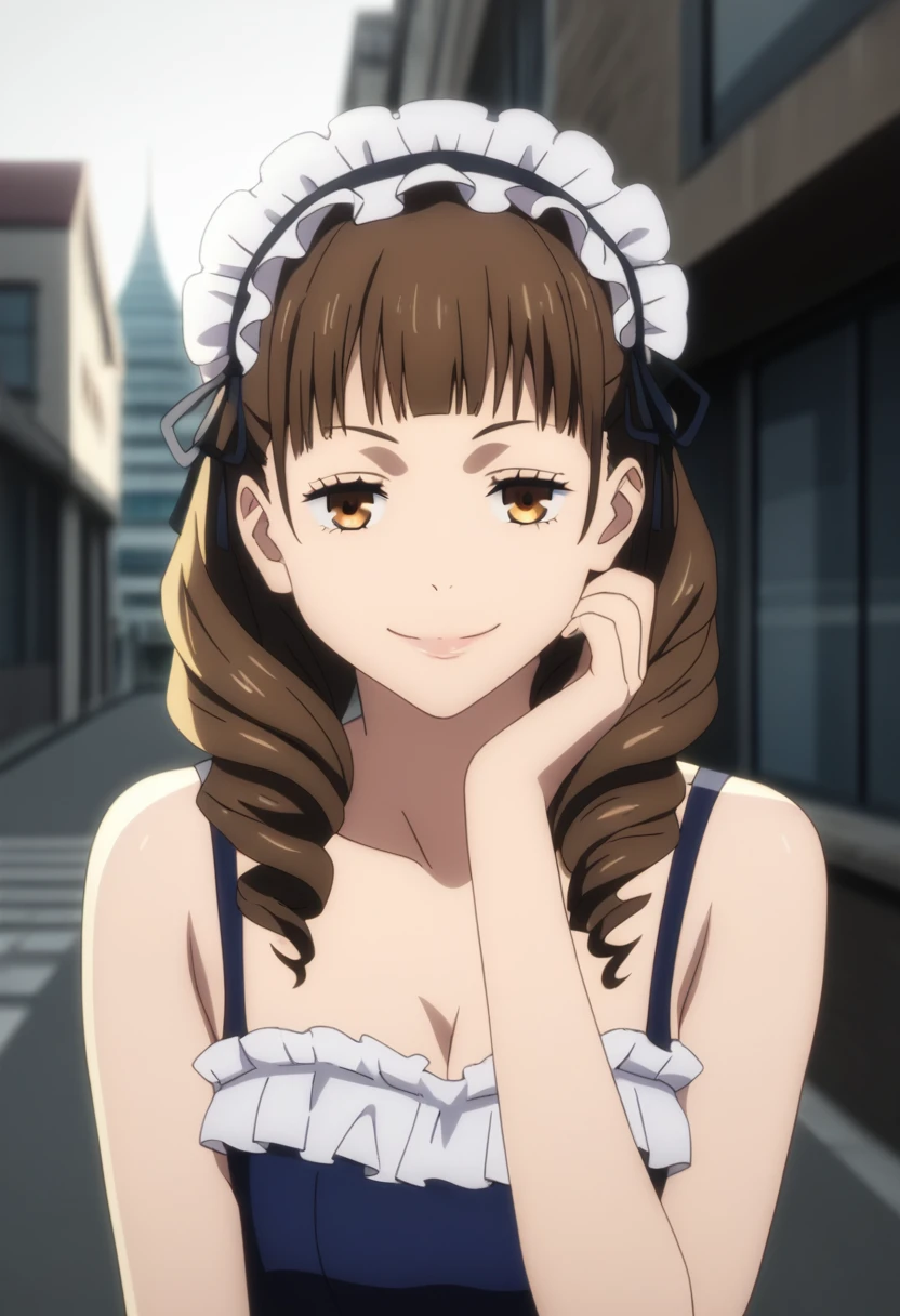 {8k image}, half-body shot, beautiful girl, dark brown hair with bangs, brown eyes, city ​​background, noon, bright lighting, realistic shadows, anime screencap, jujutsu kaisen art style, sweet lolita fashion, white and pastel pink lolita dress, frilly dress, detailed, facing the viewer, pretty face, smirking, pretty, lolita ribbon headdress, lip gloss, full body shot, mappa, jujutsu kaisen season 2, detailed frilly dress, lazy smile, small face, spiral curls hair, sleepy eyes, cute girl, 18 years old, cute small handbag