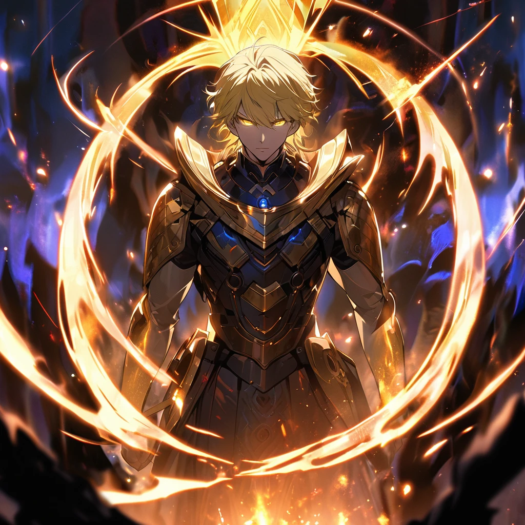 male, solo, handsome, blond hair, god, god eyes, glowing eyes, light, aura, holo, golden, 